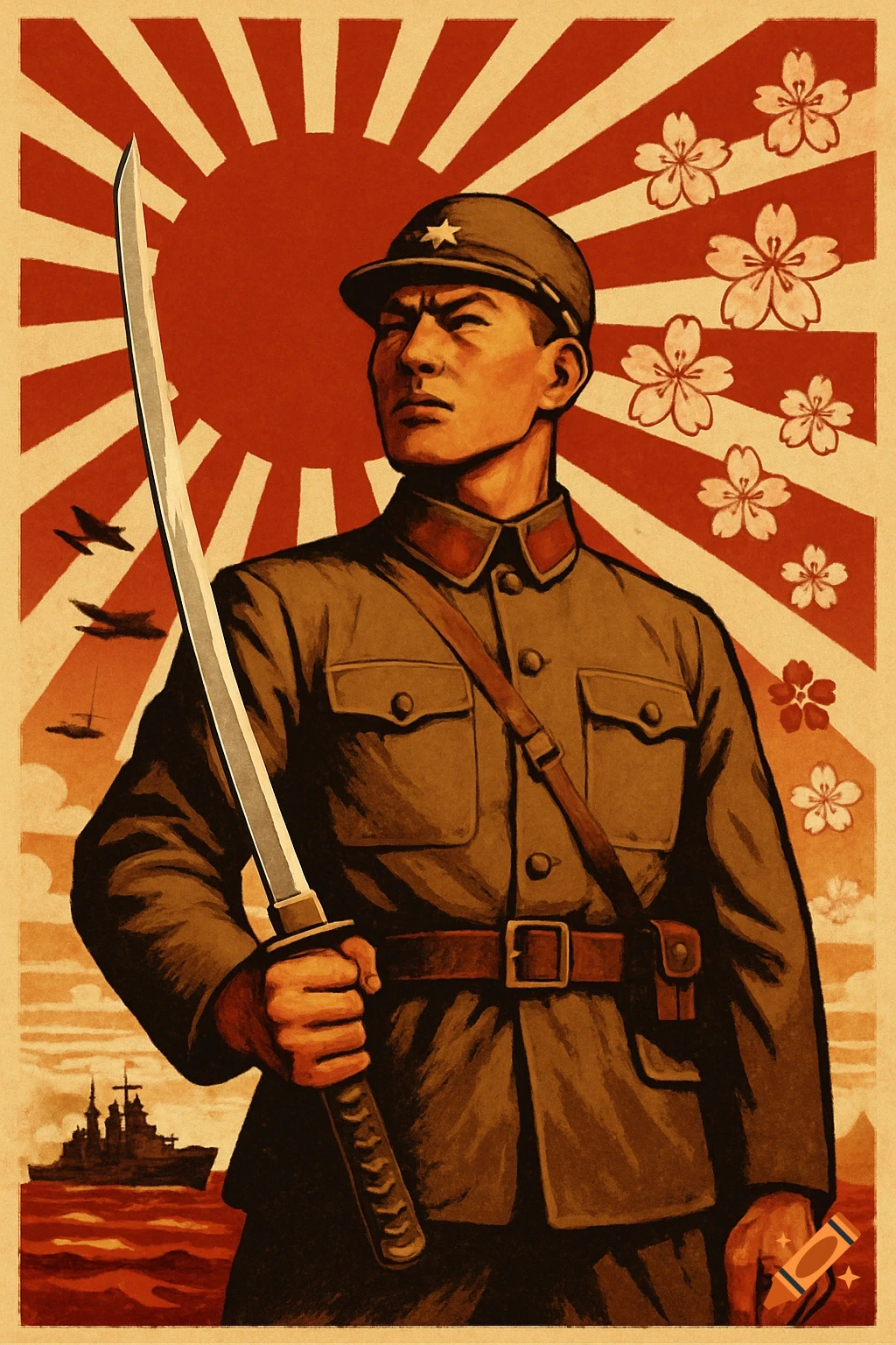 A Japanese soldier in a uniform holds a katana, against a red Rising Sun flag with cherry blossoms, planes, and a battleship. Poster art style.