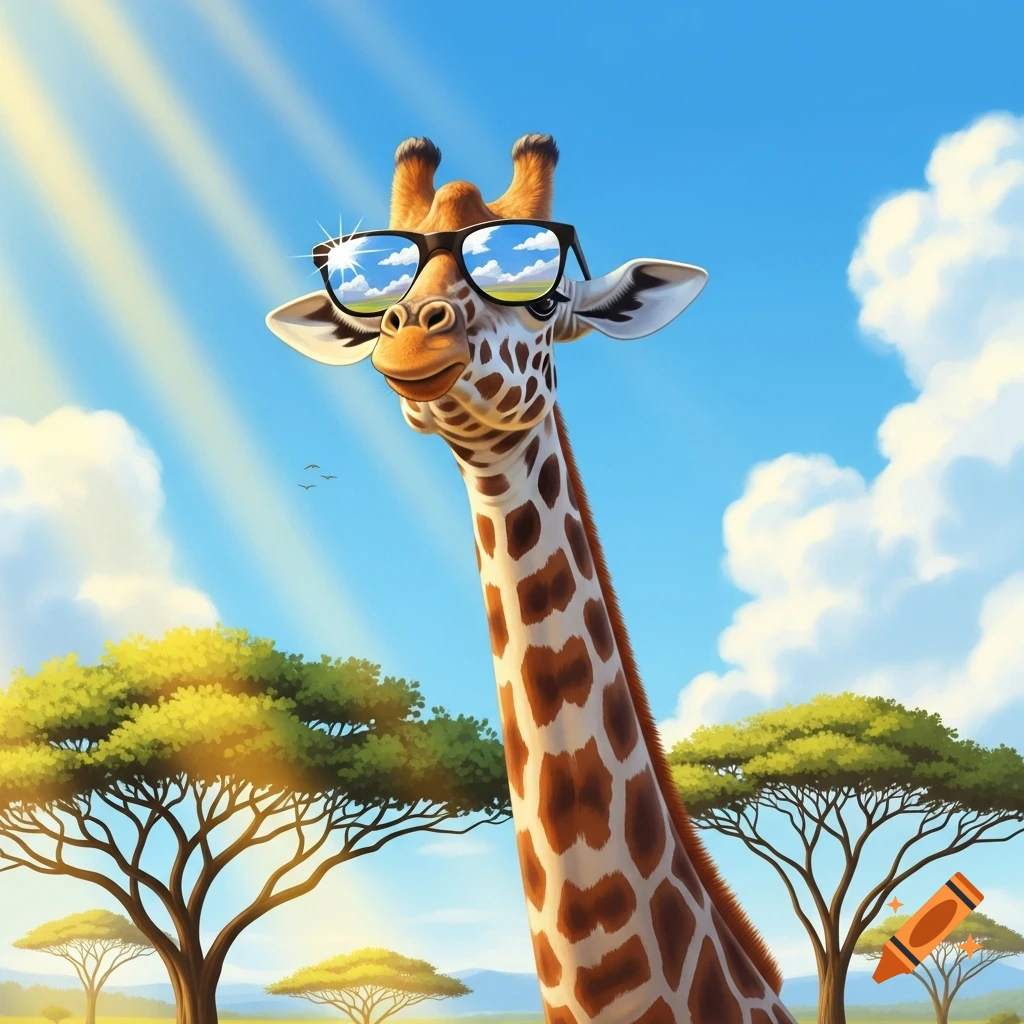 A smiling cartoon giraffe wearing sunglasses looks up in a sunny savanna with acacia trees and a blue sky.
