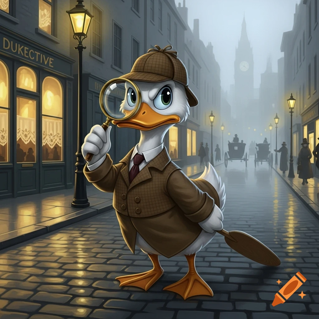 A cartoon duck detective in a trench coat and deerstalker hat, holding a magnifying glass, stands on a wet cobblestone street in a foggy city.