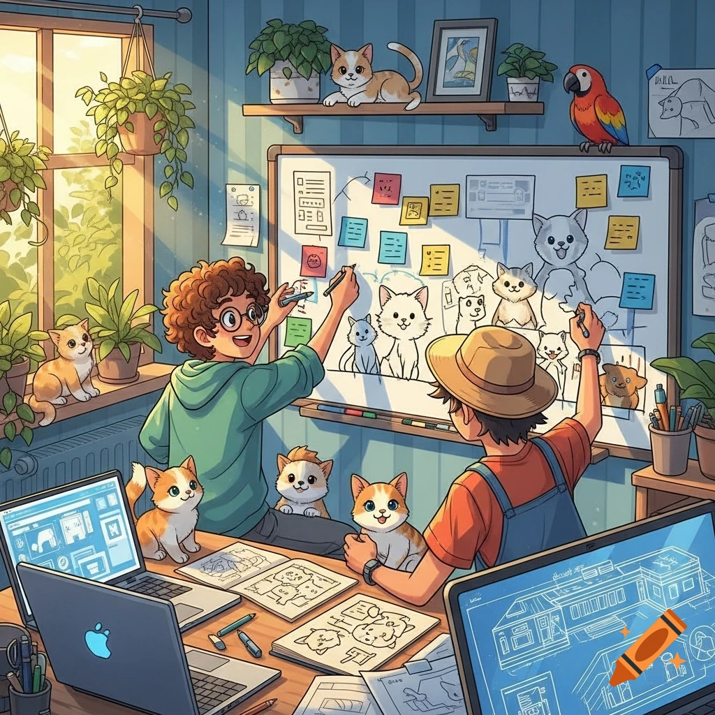 Two smiling teenagers, surrounded by cats, draw cartoon cats on a whiteboard and work on laptops in a brightly lit room with plants.