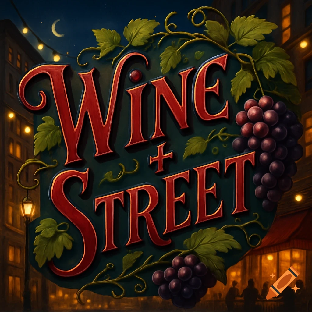 A stylized sign for 'Wine + Street' with red letters, grapes, and green vines, set against a dark street scene with glowing lights and buildings.