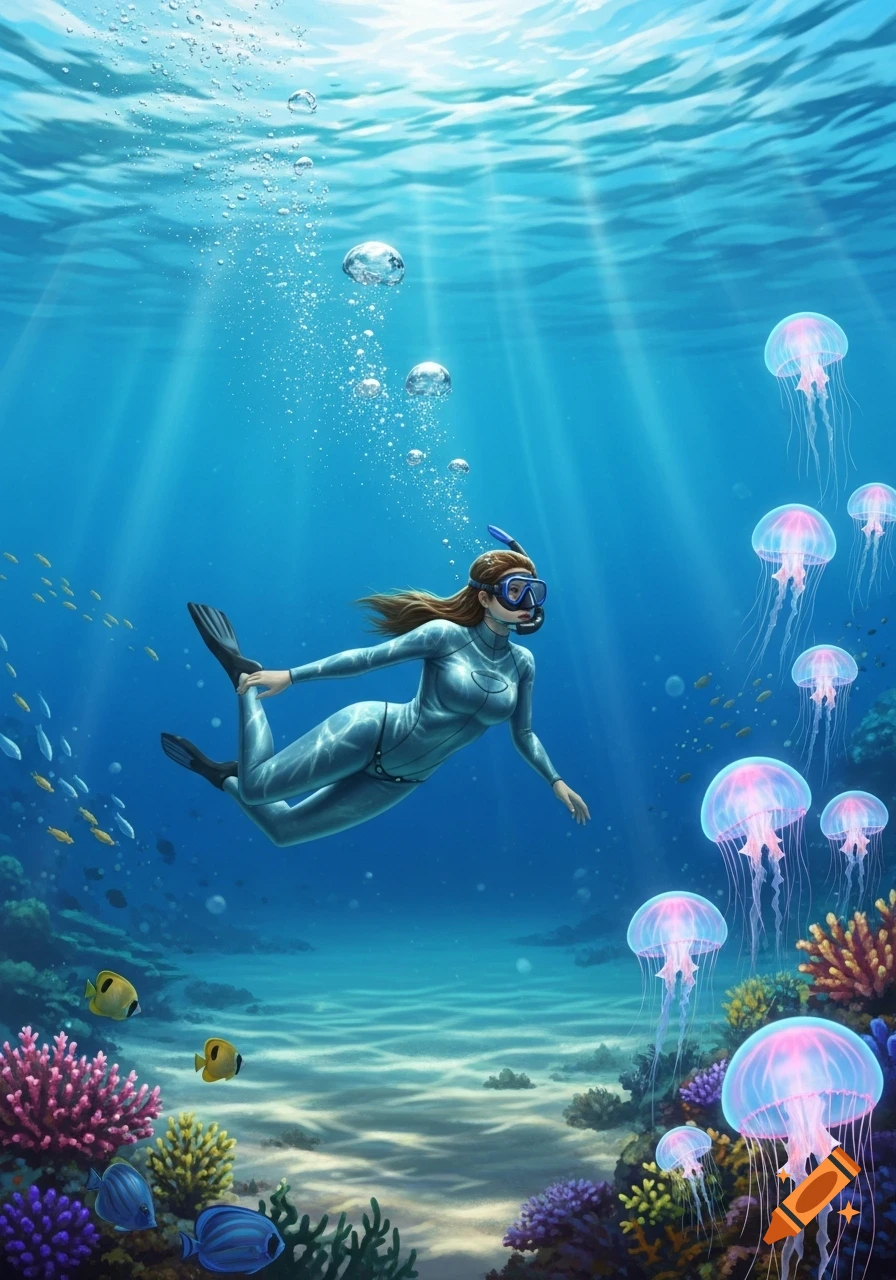 A woman in a wetsuit and diving mask swims underwater among colorful coral and glowing jellyfish, with sunbeams from above.