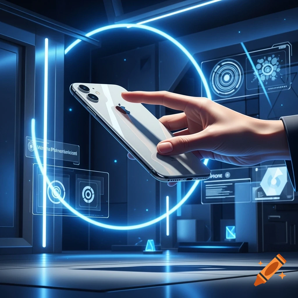 A hand holds a silver iPhone in a dark, futuristic room with glowing blue neon circles and holographic displays.