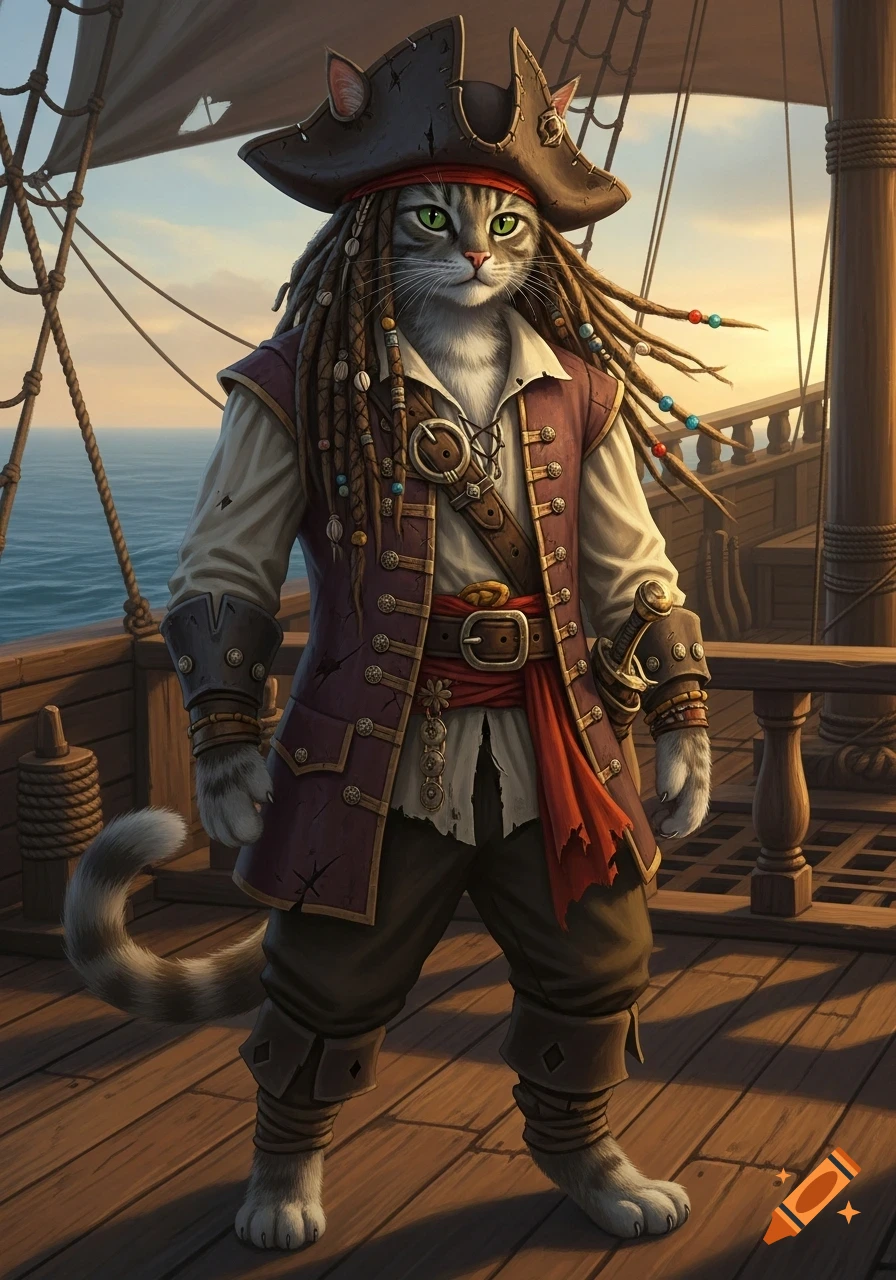 A grey tabby cat dressed as a pirate with dreadlocks and a tricorn hat stands on a ship deck.
