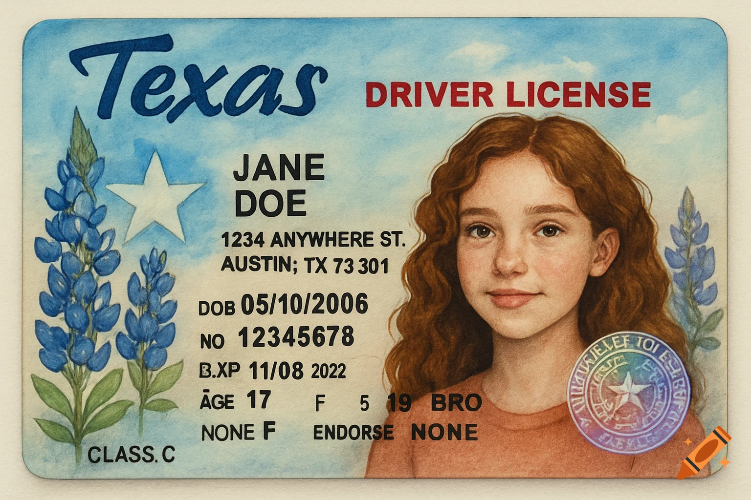 A watercolor painting of a Texas driver's license for Jane Doe, age 17, featuring bluebonnets and a stylized portrait.