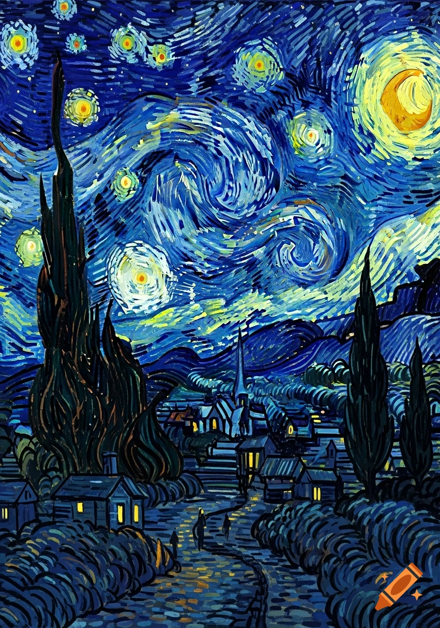 A vibrant painting of a village nestled under a swirling, dark blue, starry night sky, in the distinctive style of Vincent Van Gogh.
