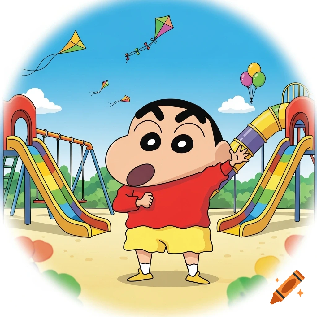 A cartoon character with a surprised expression, likely Shin-chan, in a vibrant playground with slides, swings, colorful kites flying, and balloons.