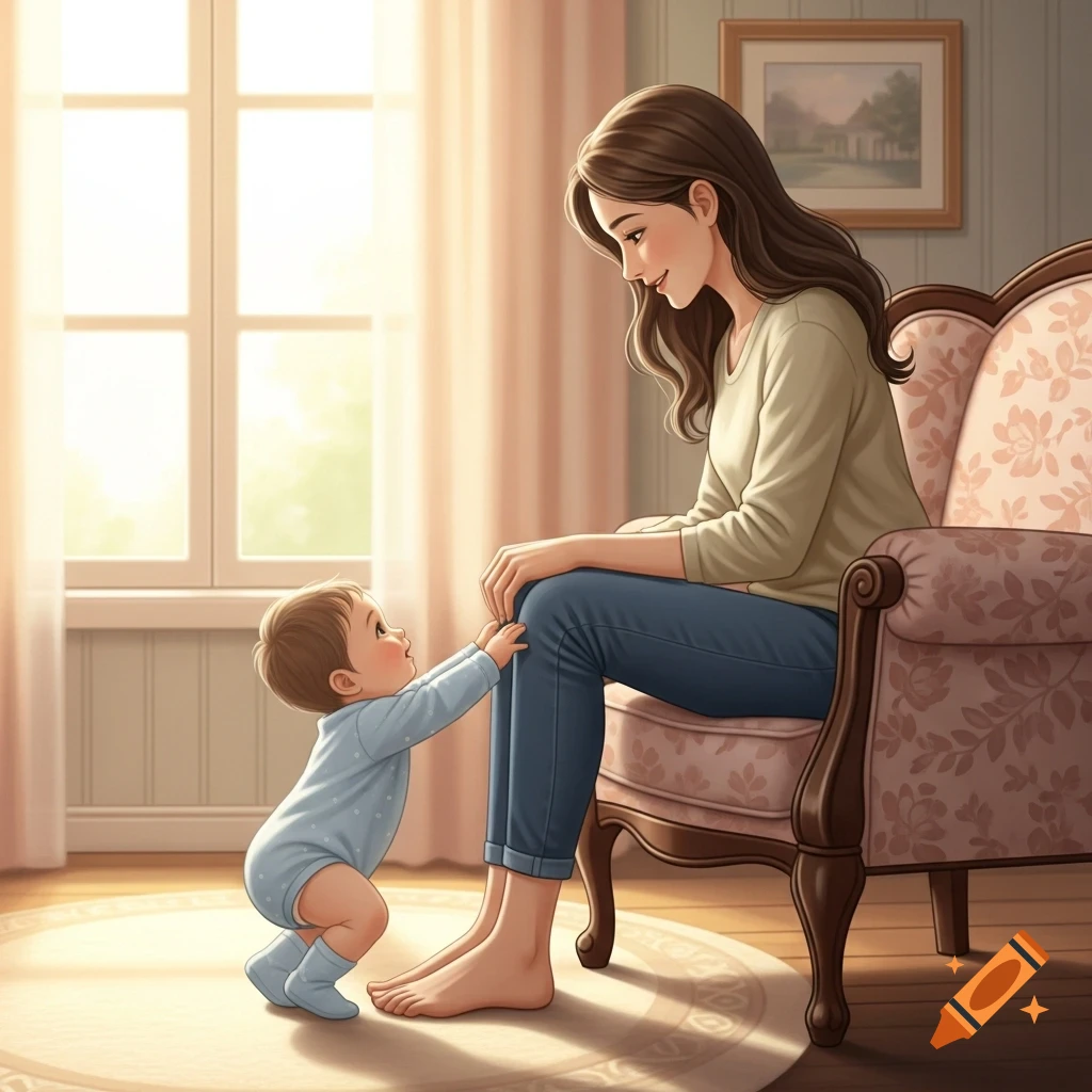 A stylized drawing of a mother sitting on a chair, looking down at her baby who is reaching up to her knee in a warm, sunlit room.