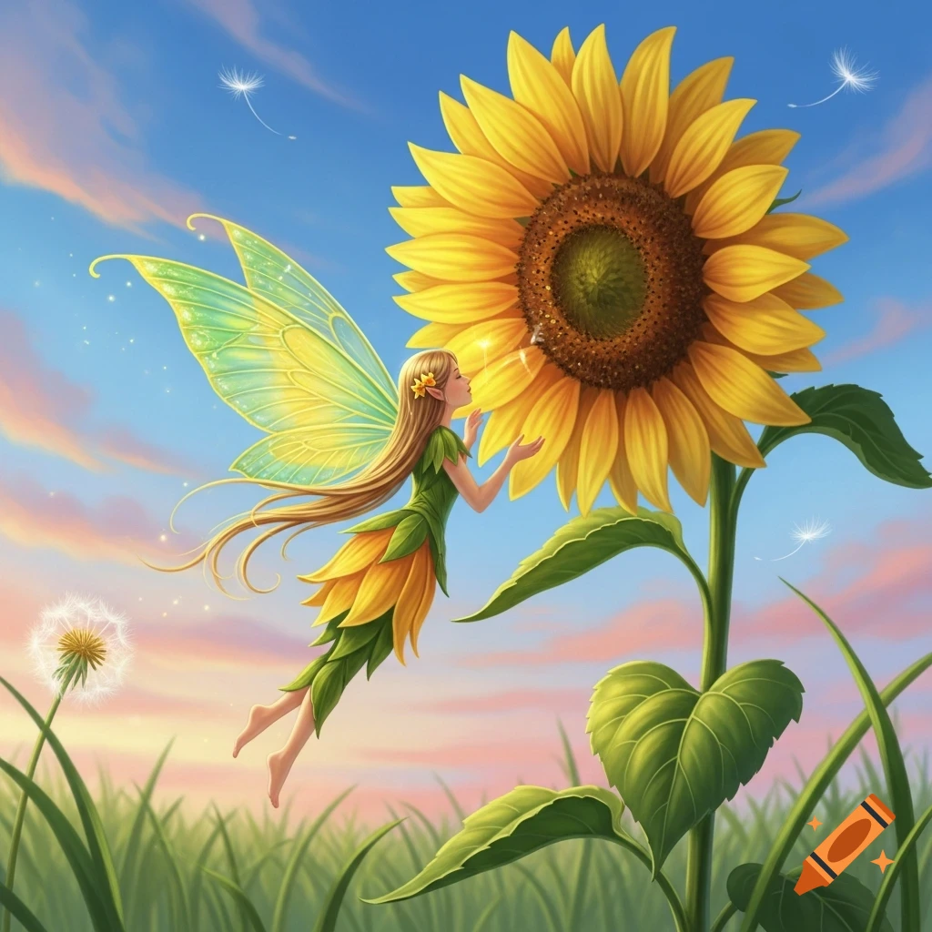A whimsical fairy with green and yellow wings floats by a large sunflower in a grassy field under a colorful sky.