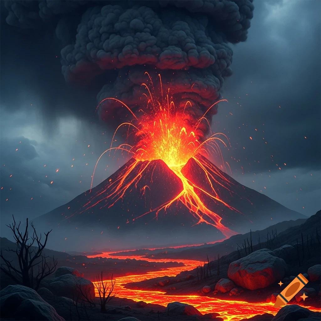 A dramatic volcanic eruption with bright orange lava flowing down the mountain and through a riverbed under a dark, smoky sky.