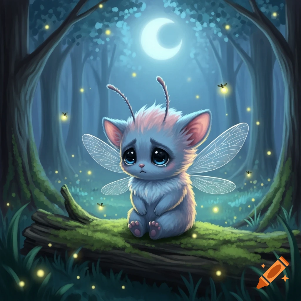 A sad, cute, blue winged creature sits on a mossy log in a magical forest at night with fireflies and a moon.