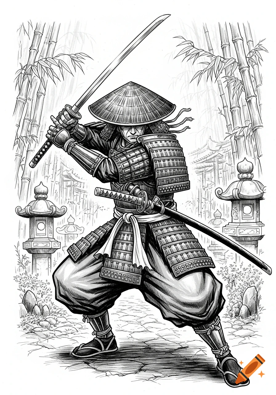 Black-and-white manga ink illustration of a samurai in armor and a straw hat, wielding a katana in a bamboo forest.
