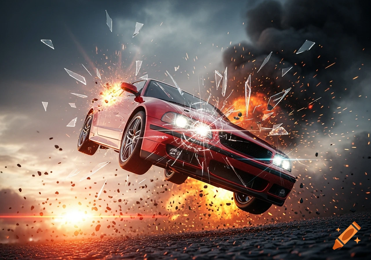 Red sports car exploding mid-air, surrounded by shattered glass, fire, and smoke against a dark, dramatic sky.