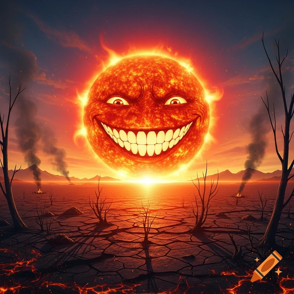 A menacing, evil-grinning sun with sharp white teeth glows intensely over a desolate, cracked earth, barren trees, and distant fires under a fiery sky.