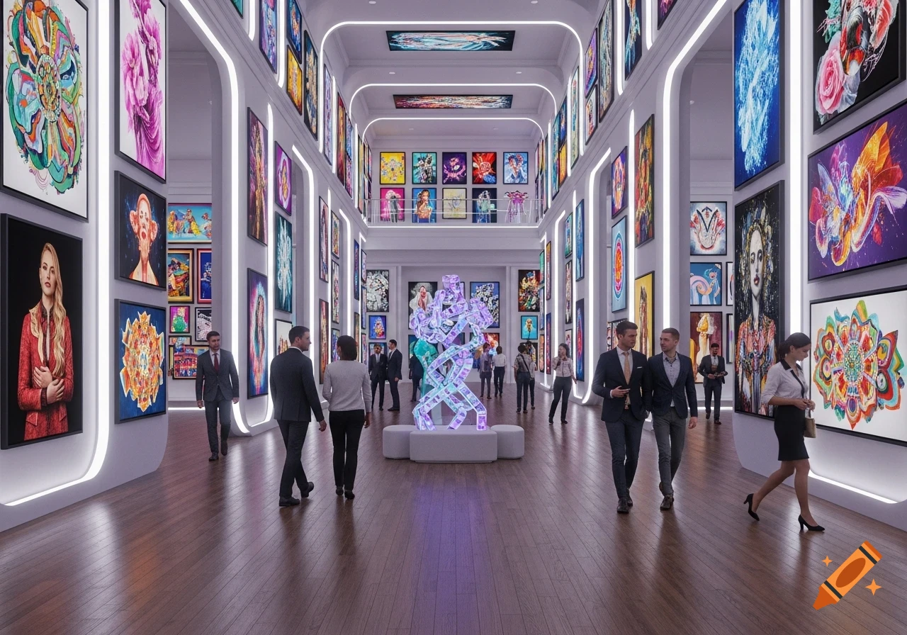 People walk through a modern digital art gallery with various colorful, abstract paintings and a glowing abstract sculpture.
