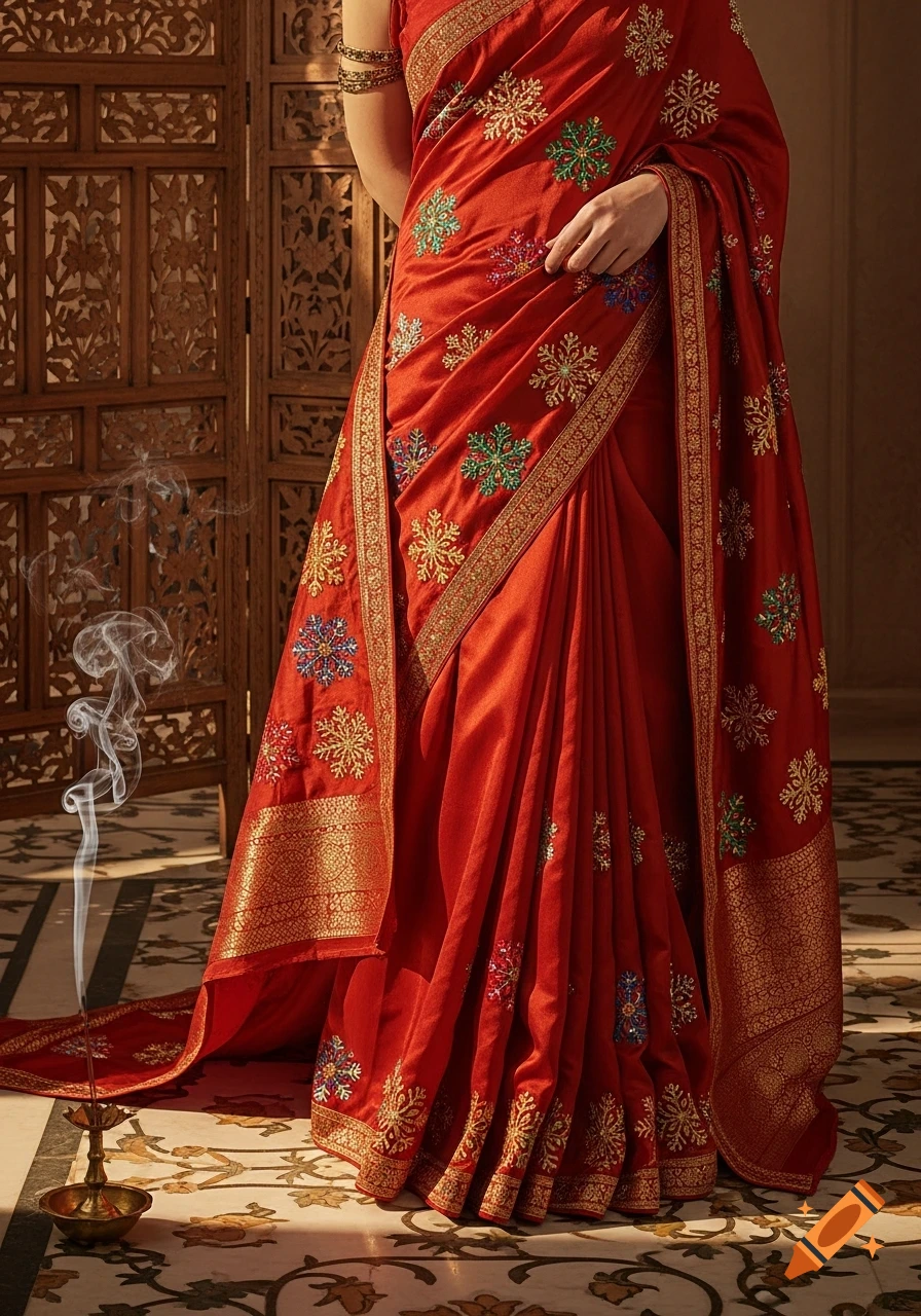 A person in a vibrant brick-red Indian sari with golden borders and colorful snowflake embroidery stands by a smoking incense burner and a carved wooden screen.