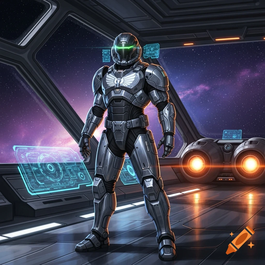 A futuristic soldier in metallic gray power armor and a green visor stands in a spaceship cockpit, with holographic displays and a starry galaxy outside.