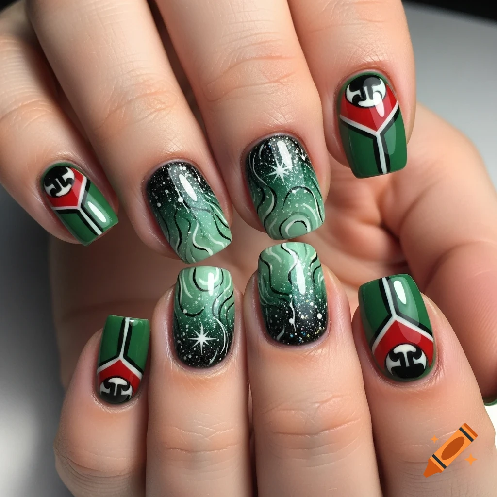 Close-up of hands with maximalist green nail art featuring swirling patterns, white speckles, stars, and geometric red and black symbols.