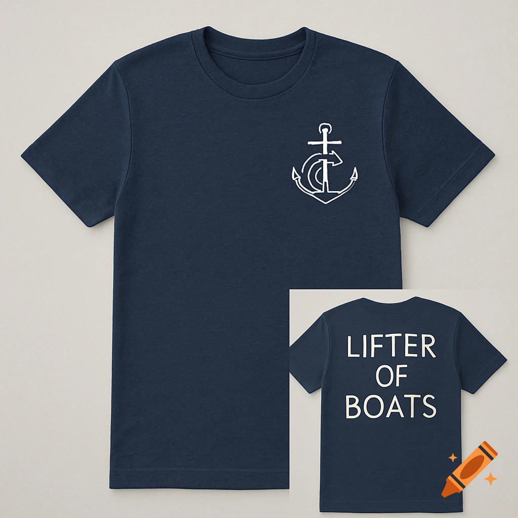 Navy blue t-shirt with a white anchor graphic on the front and 'LIFTER OF BOATS' text on the back.