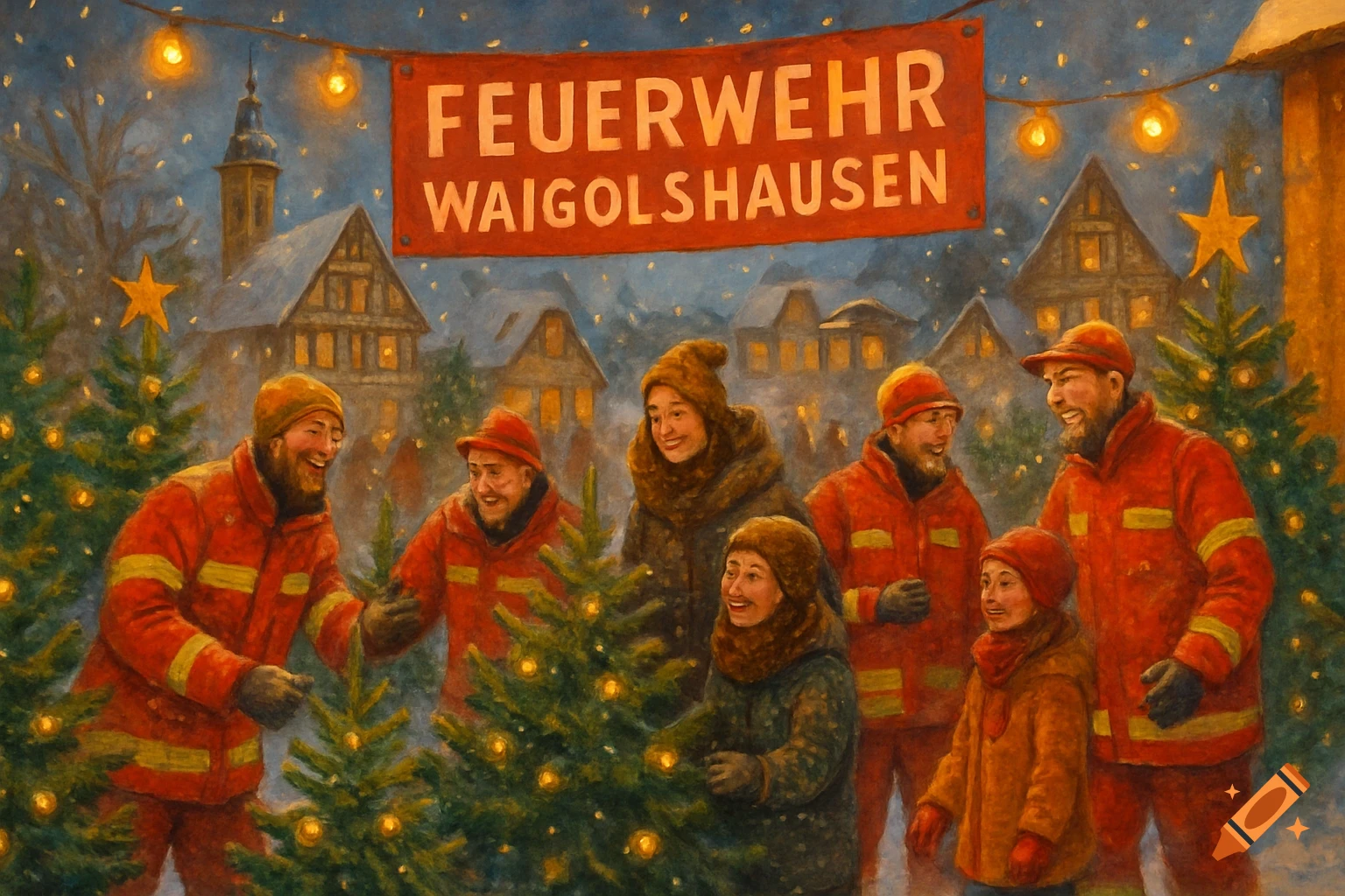 A painterly scene of firefighters and families celebrating among Christmas trees in a snowy village, with a banner reading 'FEUERWEHR WAIGOLSHAUSEN'.