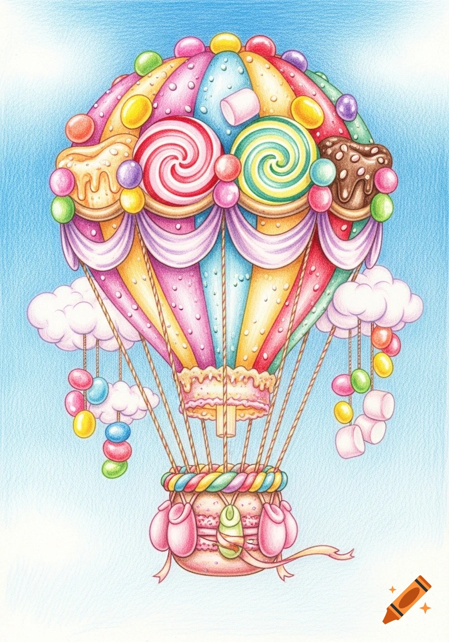 Colorful hot air balloon made of lollipops, marshmallows, and cakes, floating in a blue sky, pencil drawing.