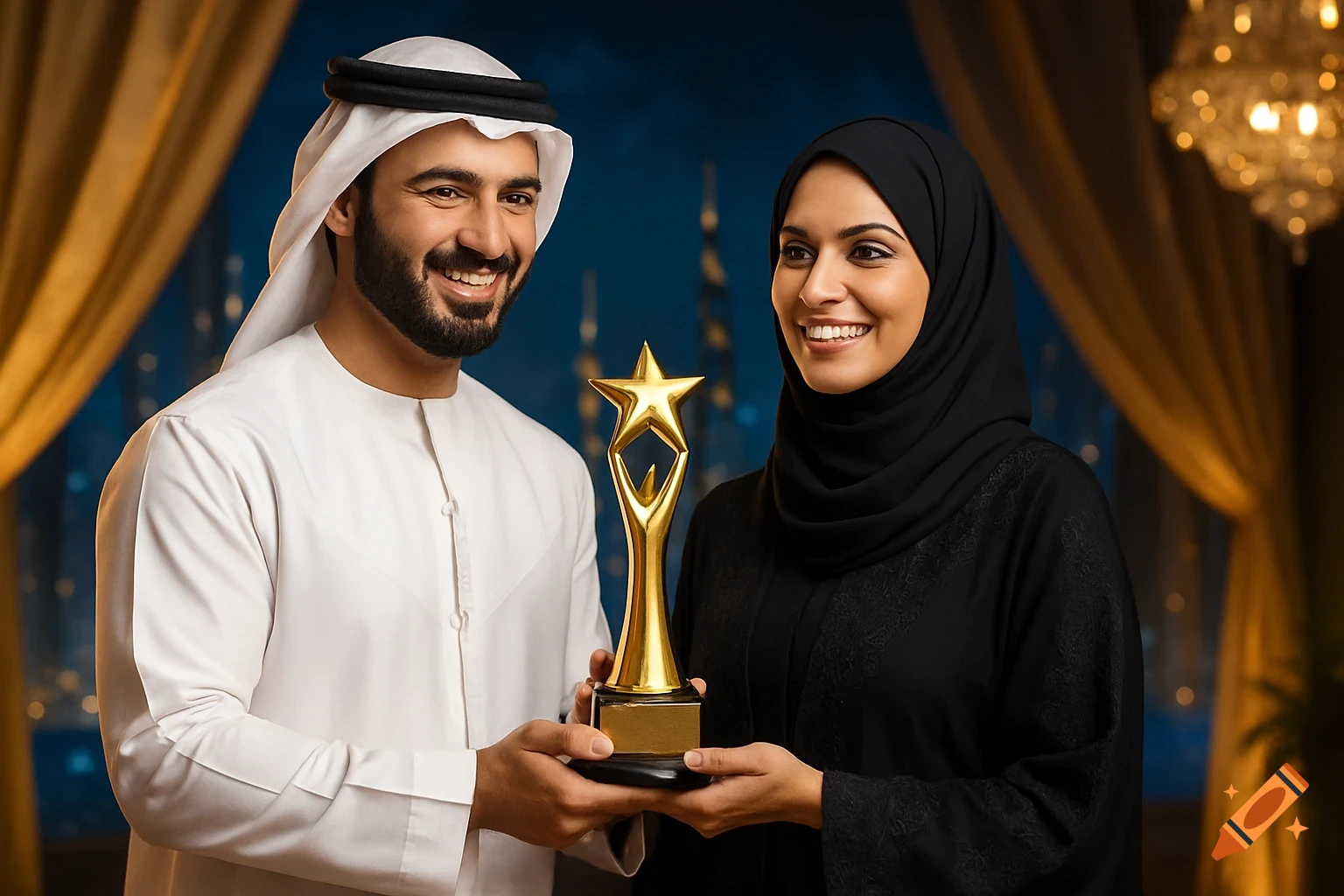 A smiling Emirati man and woman in traditional dress proudly hold a golden star award against a glamorous background.
