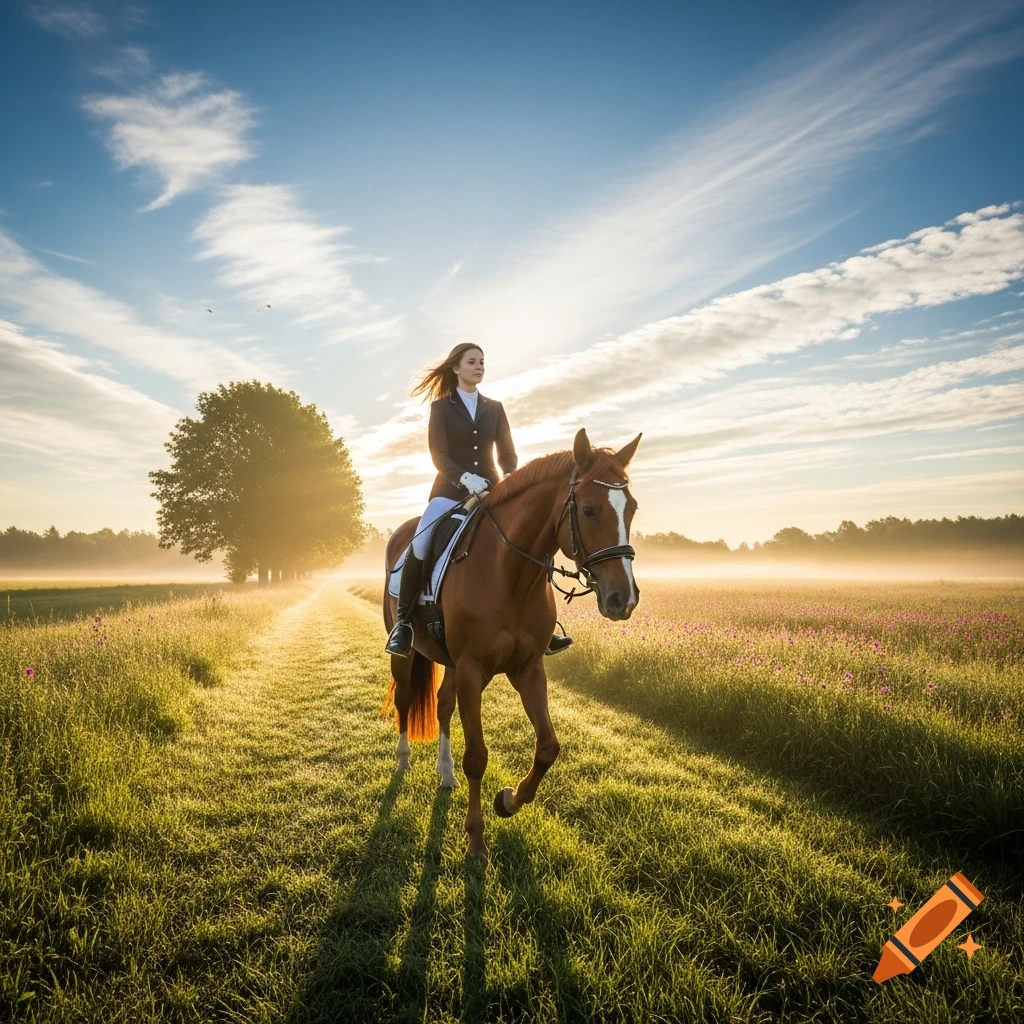 A woman in riding gear on a brown horse trots along a sunlit path through a misty meadow at sunrise.