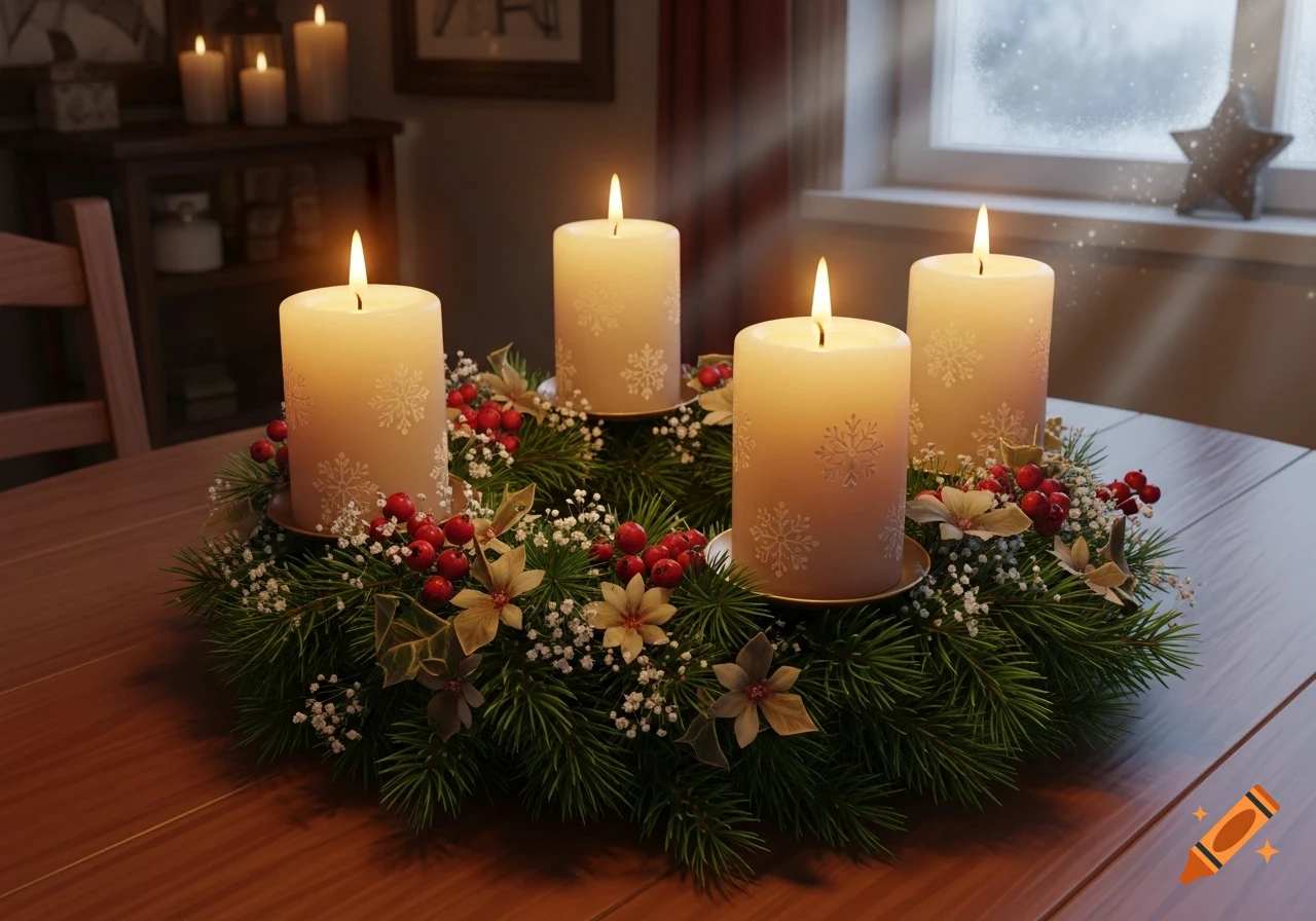 A photorealistic Advent wreath with four lit candles, pine branches, red berries, and white flowers on a wooden table.
