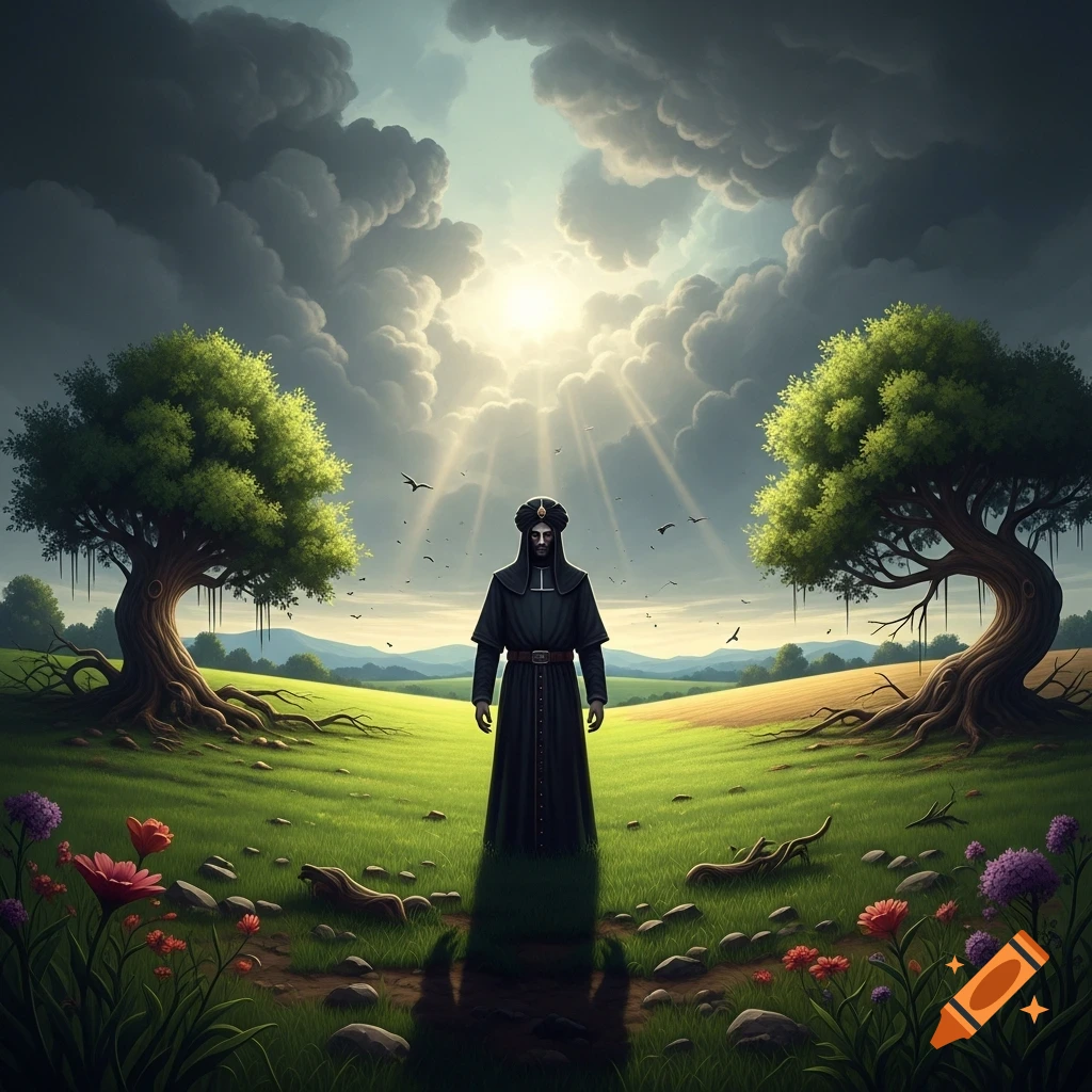 A mysterious figure in a dark robe and turban stands on a path in a vibrant green field, flanked by two large trees, under a dramatic sky with sun rays breaking through dark clouds.