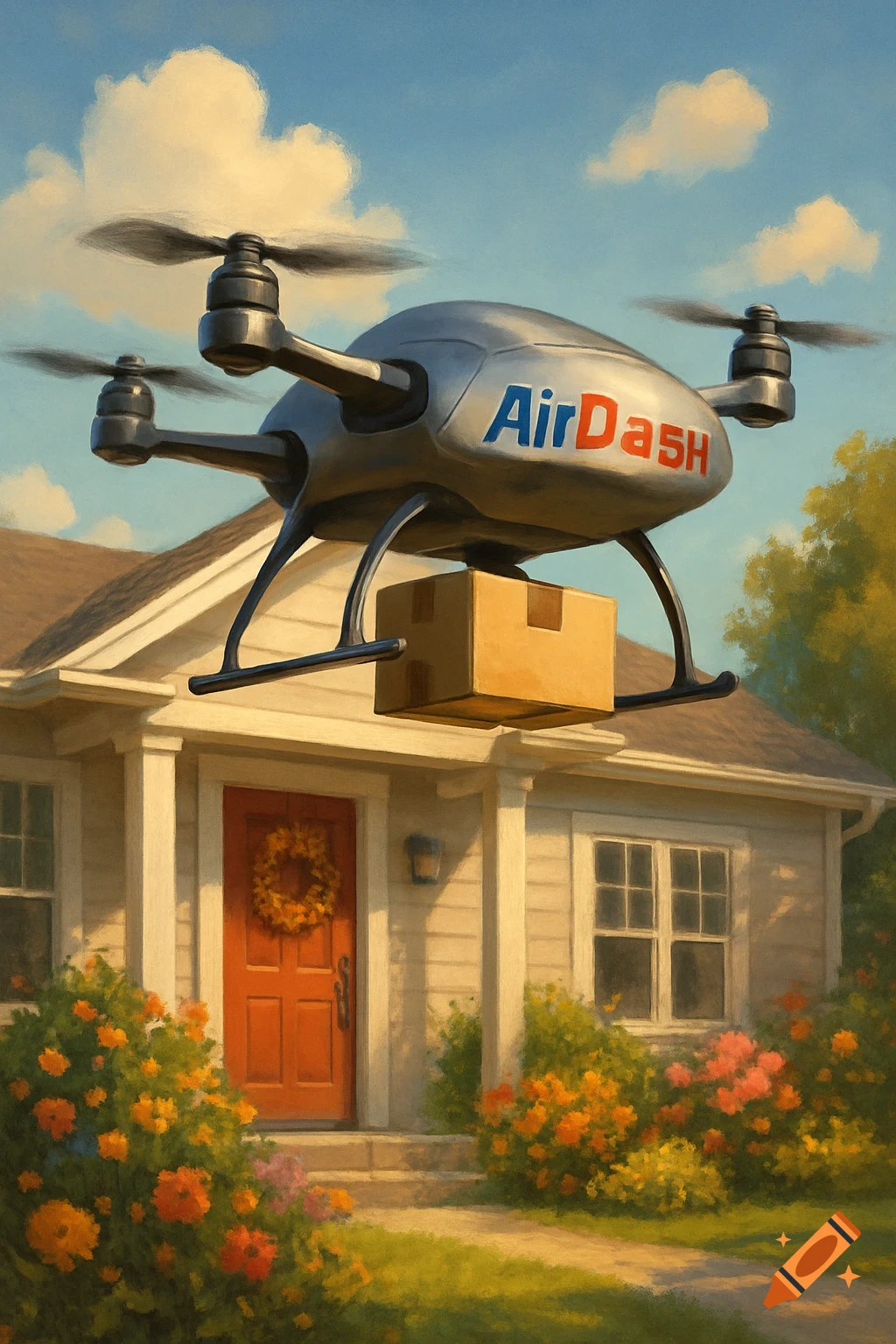 A drone with the 'AirDa5H' logo flies towards a house, delivering a package, in a painterly style.