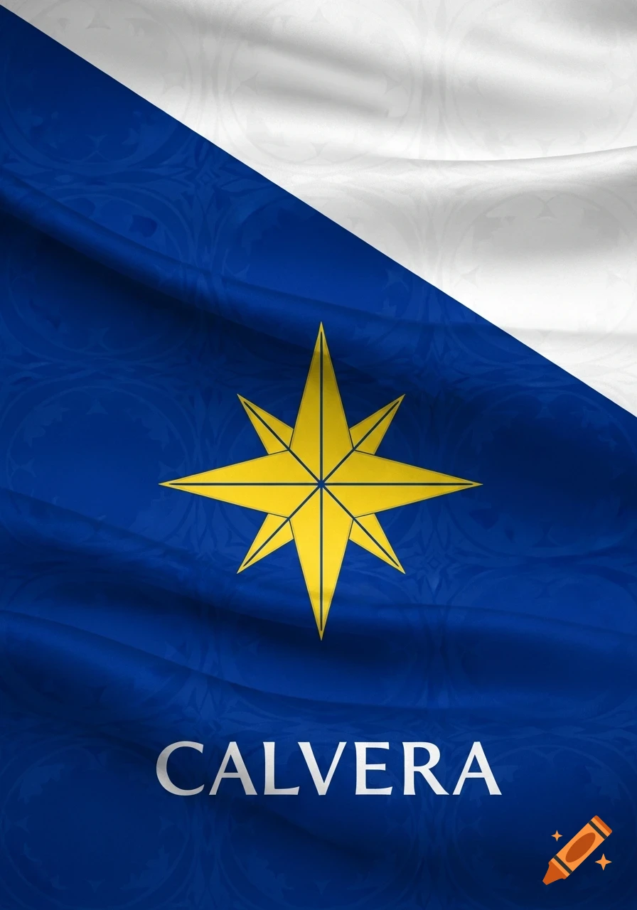 Realistic flag with a diagonal blue and white split, a golden geometric star, and 'CALVERA' written below.