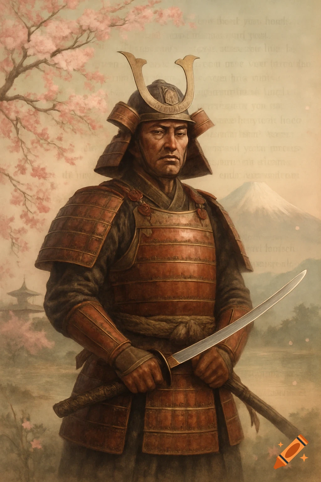 A painted portrait of a samurai in armor holding a katana, with cherry blossoms and Mount Fuji in the background.