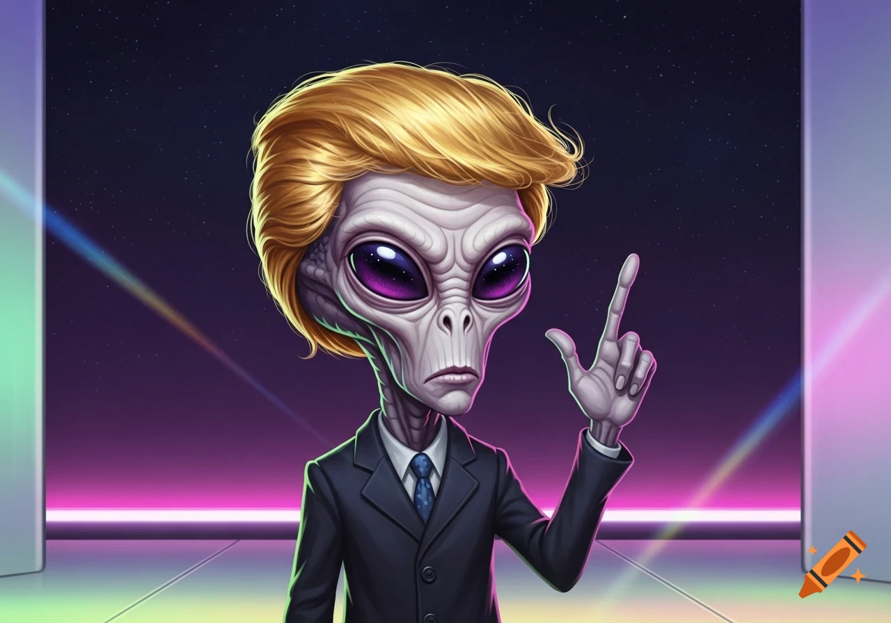 A stylized grey alien with blonde, Trump-like hair and a blue suit points its finger upwards, against a vibrant space background.