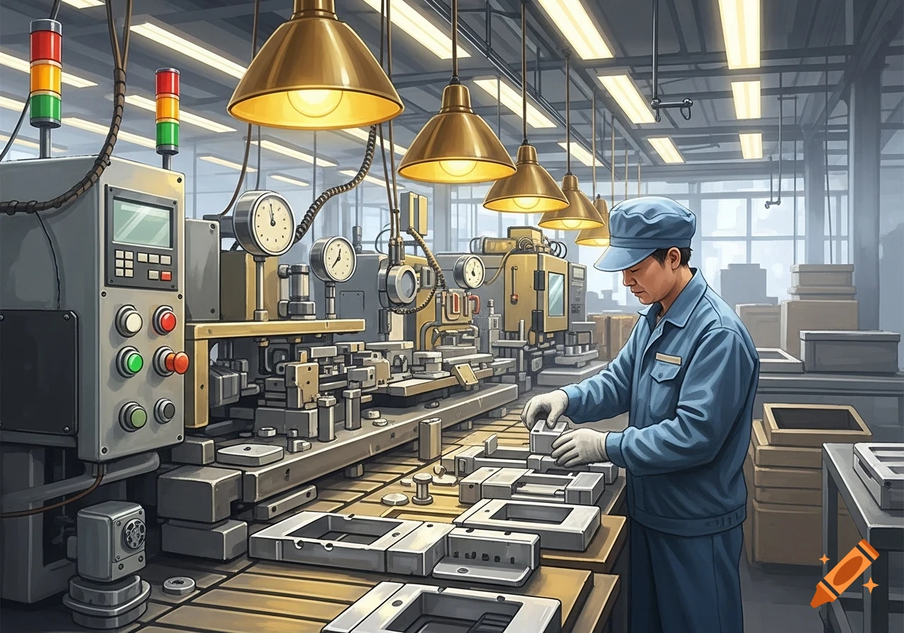 An illustrated scene of a man in a blue uniform working with machinery on a well-lit factory production line, assembling parts.