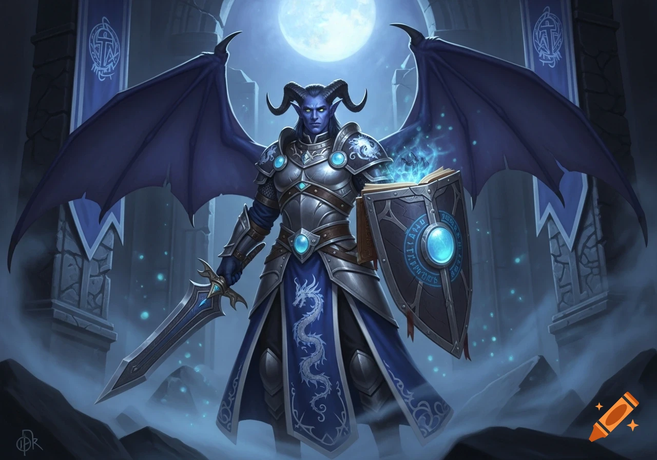 A blue-skinned male tiefling with horns and bat wings, wearing silver armor and blue priest robes with a dragon symbol. He holds a glowing spell book and a shield with runes, standing in a misty, dark fantasy setting under a full moon.