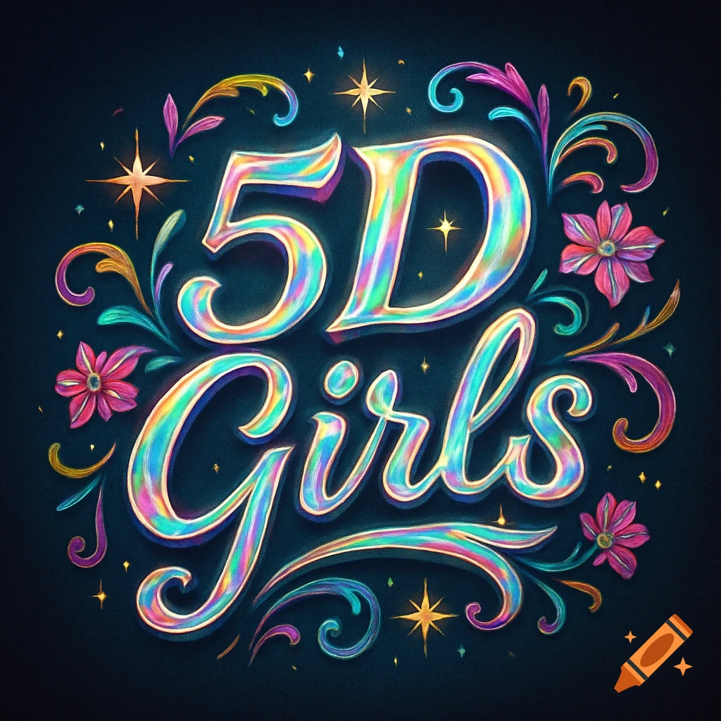 Holographic "5D Girls" text surrounded by colorful floral and swirl decorations on a dark background.