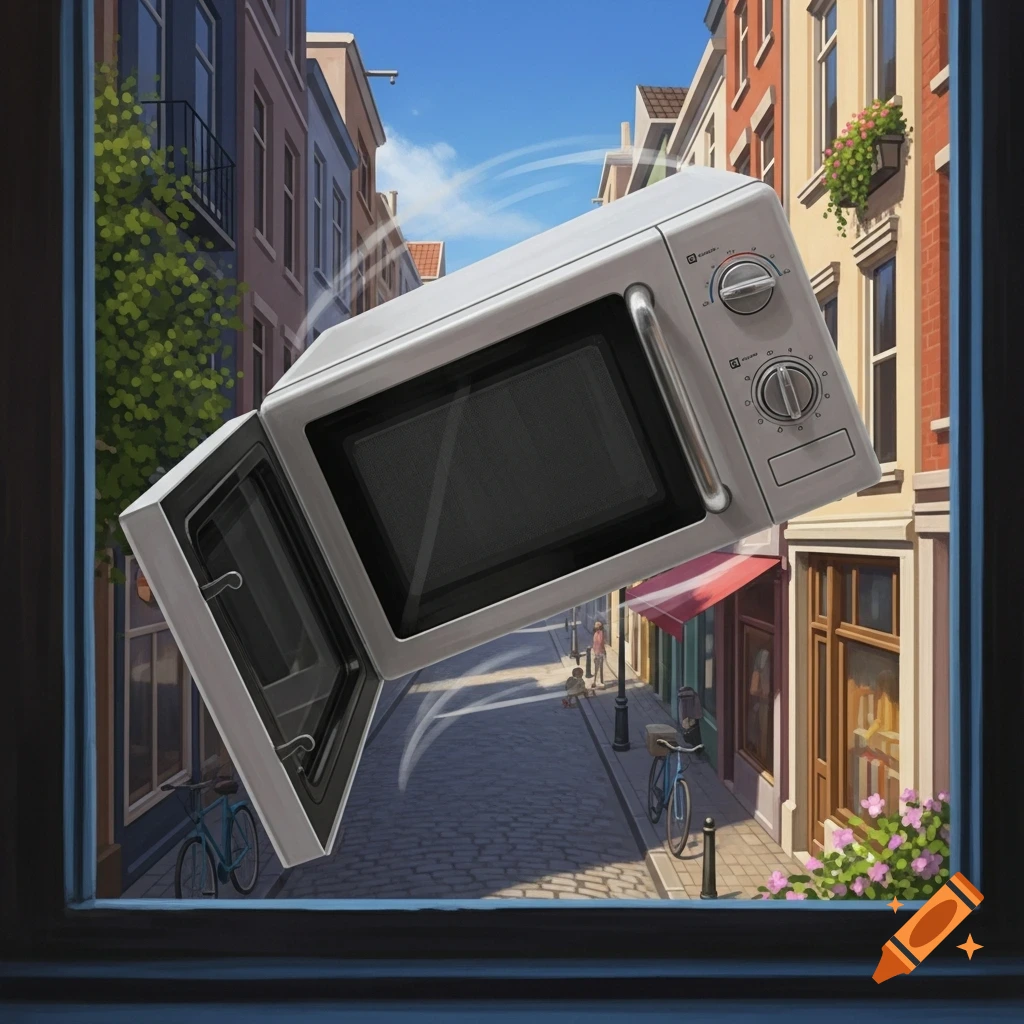 An illustration of a microwave falling out of a high window into a charming, cobbled street with buildings and people below.