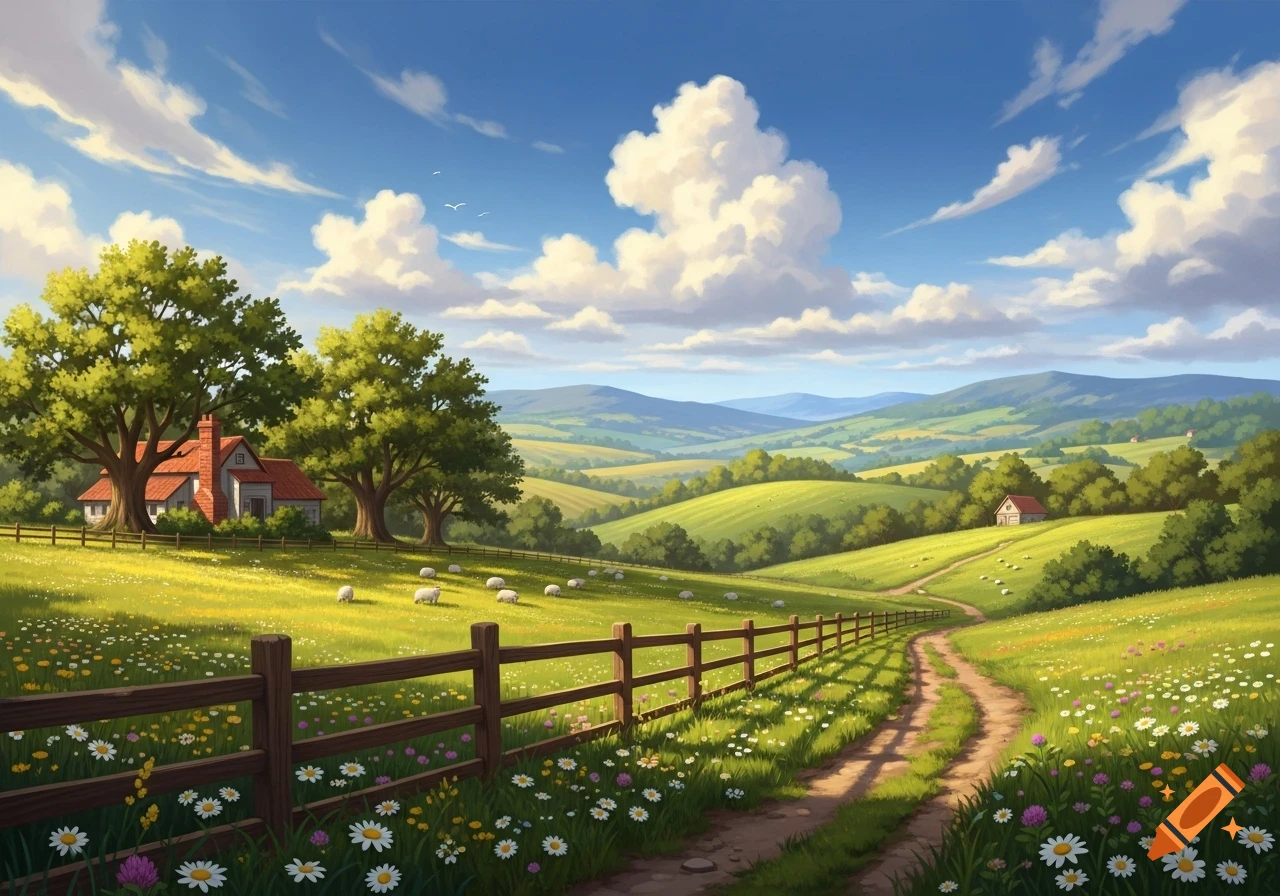 Illustrated countryside with green rolling hills, a house, sheep, a dirt path, wooden fence, and wildflowers under a blue sky.