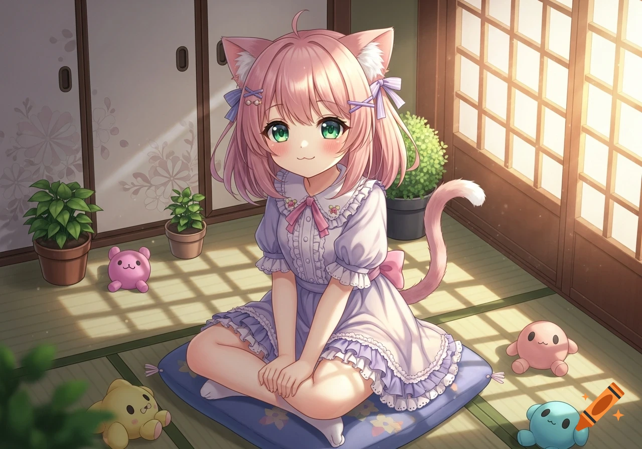 Cute anime cat girl with pink hair and cat ears, sitting cross-legged on a cushion in a sunlit room with plants.