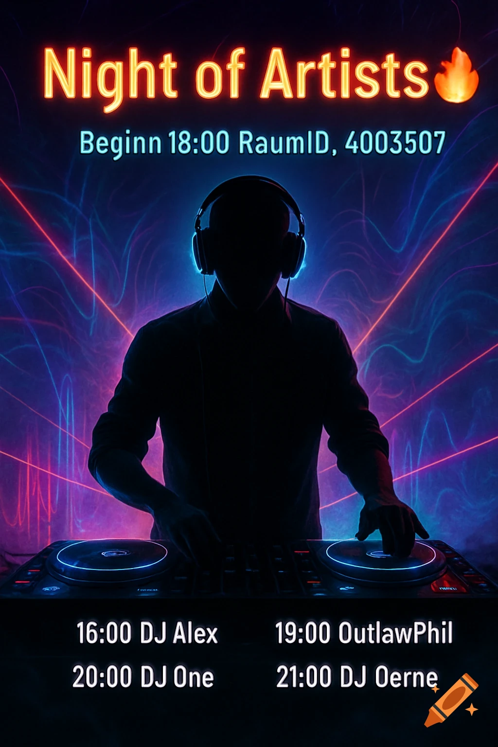 An event banner for 'Night of Artists' featuring a DJ silhouette with headphones at a console, surrounded by neon lights, listing event details and DJ schedule.