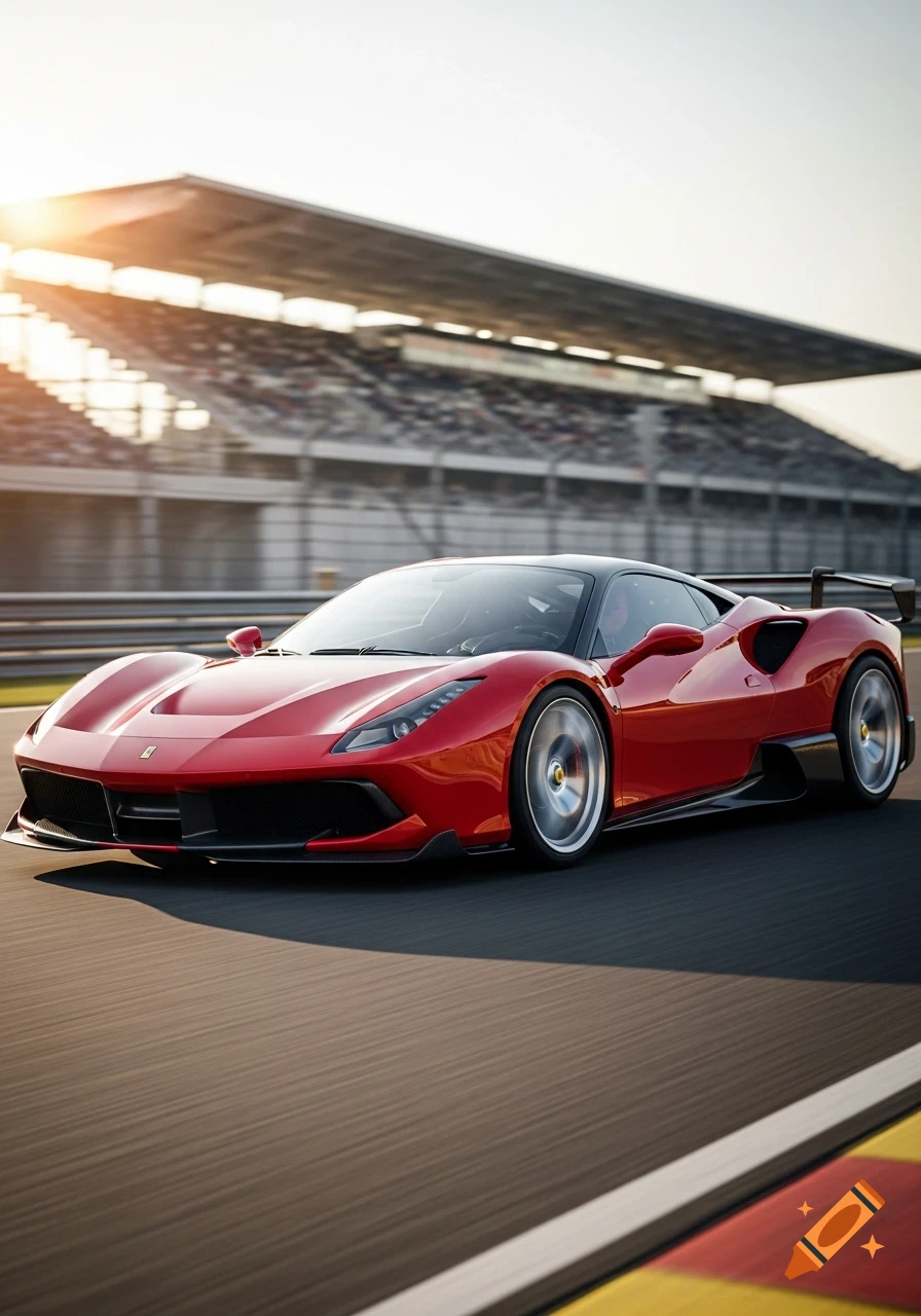 A sleek red Ferrari sports car speeds on a race track under a bright sun, with blurred grandstands in the background.