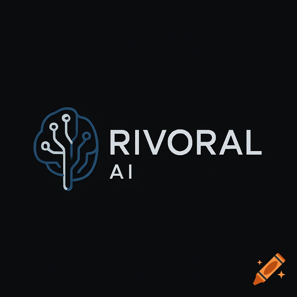 A minimalist logo for 'Rivoral AI' featuring a blue and white brain outline made of circuitry, on a black background.