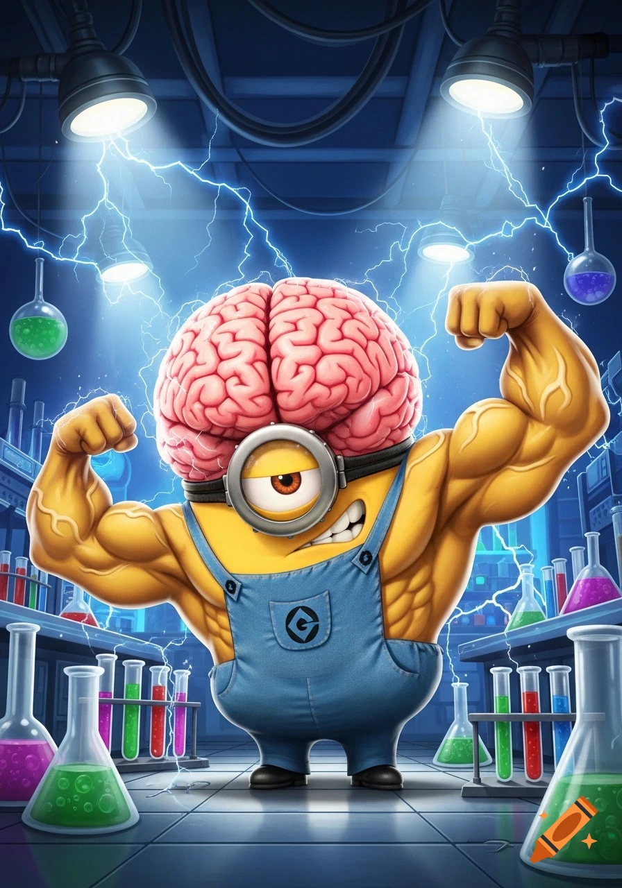 A muscular Minion with a large exposed brain for a head flexes in a glowing laboratory filled with beakers and electrical arcs.