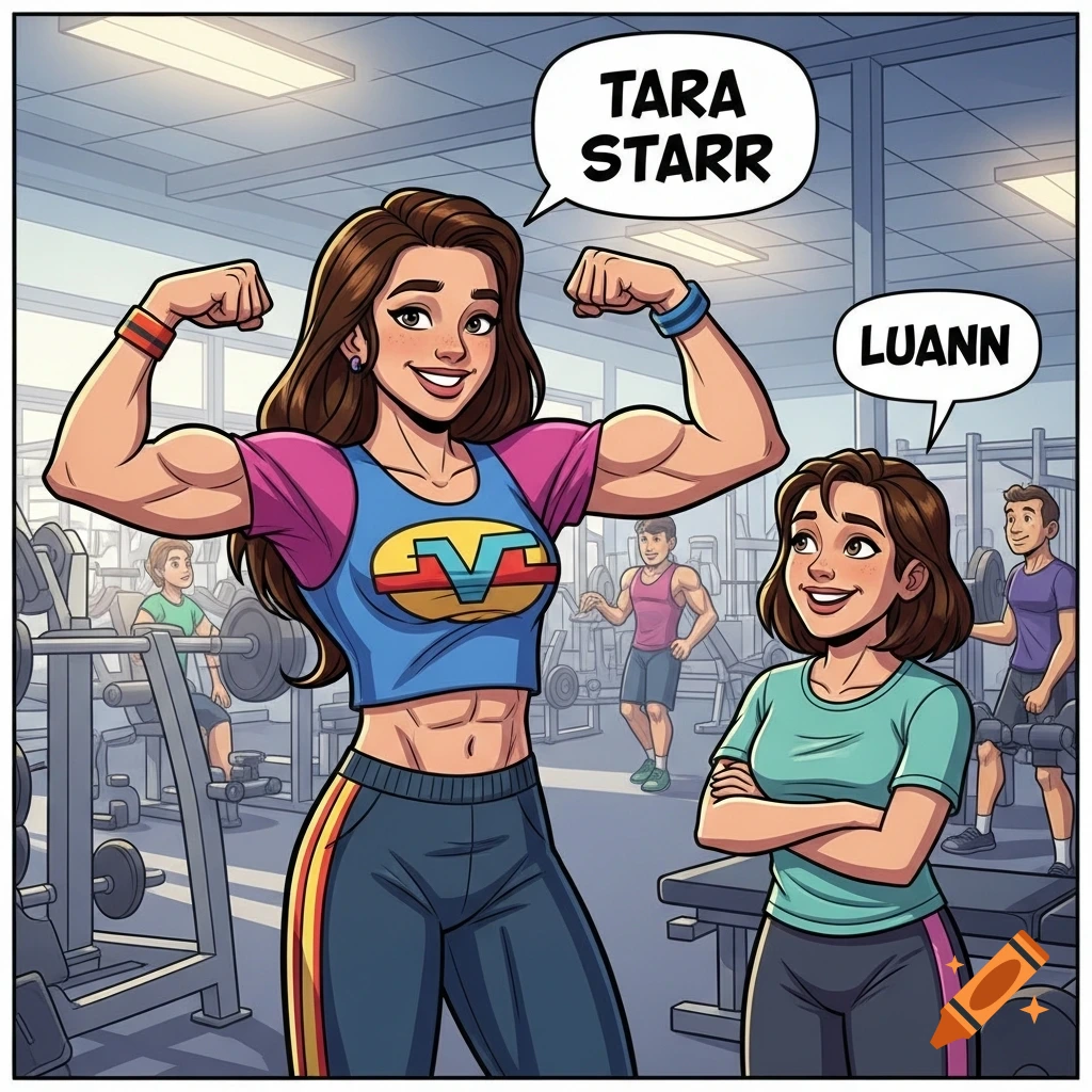 A muscular woman named Tara Starr flexes in a gym while Luann watches, in a cartoon comic strip style.