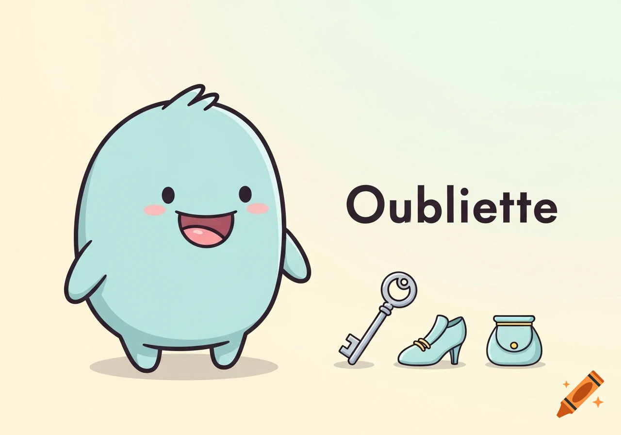 Cute, round, light blue cartoon character Oubliette smiling, next to a key, a high-heeled shoe, and a purse.