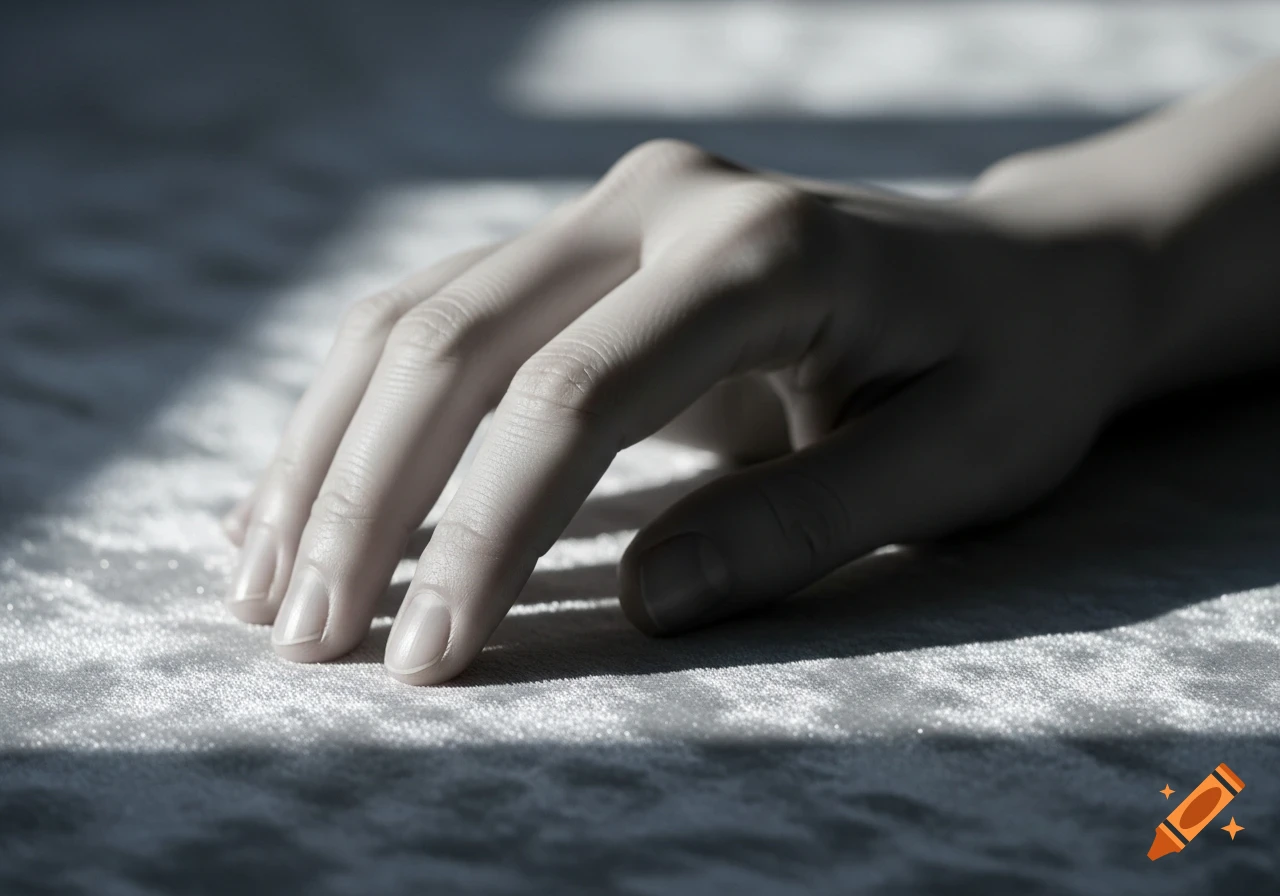 Close-up of a human hand resting on a sparkling, textured surface with strong light and shadow.