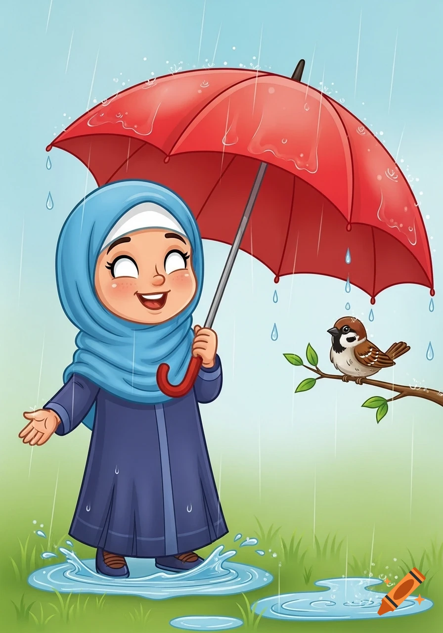 A joyful cartoon girl in a blue hijab holding a red umbrella in the rain, splashing in puddles with a sparrow on a branch.
