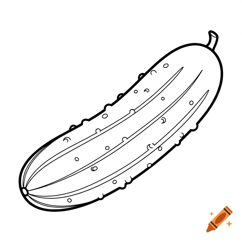 Black and white line art illustration of a whole cucumber for a coloring page.