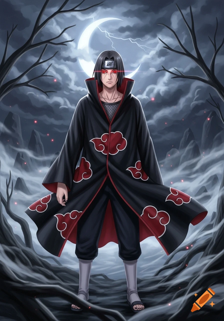Itachi Uchiha from Naruto, in his Akatsuki robe, stands in a dark forest under a crescent moon with lightning, his Sharingan eyes glowing red.