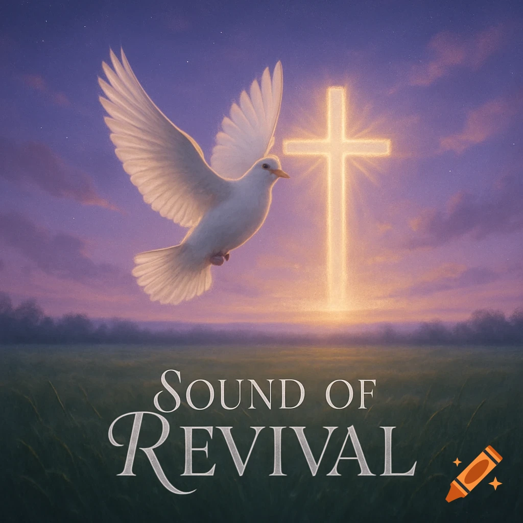 A white dove flying towards a glowing cross over a green field at sunset, with 'SOUND OF REVIVAL' text.